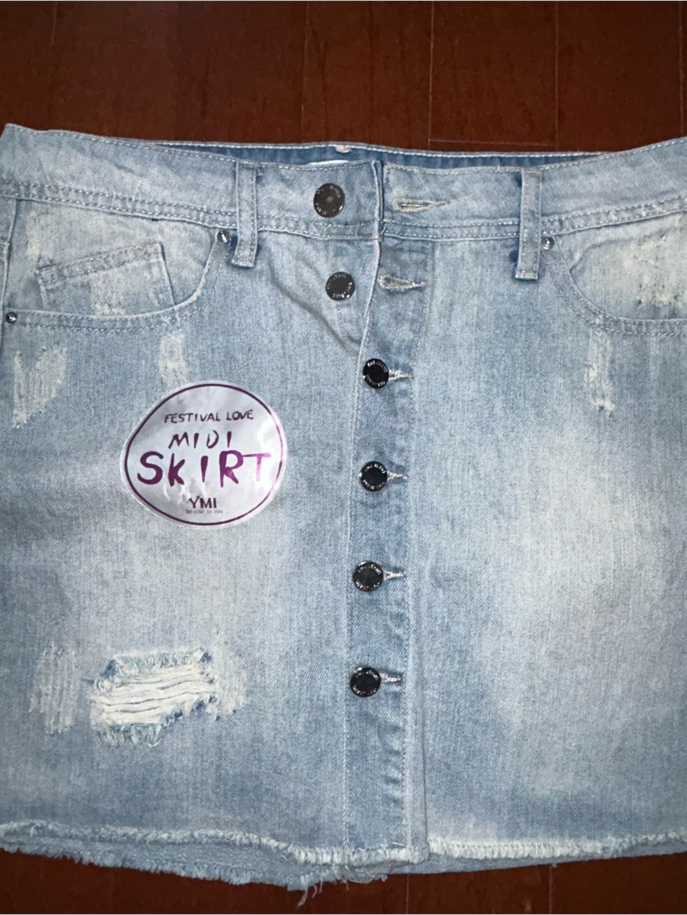 NEW YMI Distressed Denim Mini Skirt Full Button-Up Raw Hem Size 7 Y2K - Picture 3 of 10